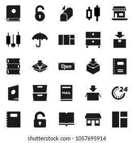 Flat vector icon set - book vector, copybook, archive, japanese candle, office, umbrella, package, unlock, mailbox, open, 24 hour, catalog, window