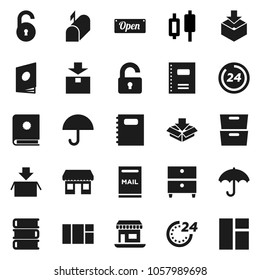 Flat vector icon set - book vector, copybook, archive, japanese candle, office, umbrella, package, unlock, mailbox, open, 24 hour, catalog, window