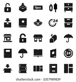 Flat vector icon set - book vector, copybook, archive, japanese candle, office, umbrella, package, unlock, mailbox, open, 24 hour, catalog, window