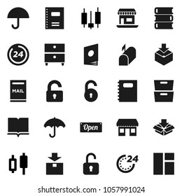 Flat vector icon set - book vector, copybook, archive, japanese candle, office, umbrella, package, unlock, mailbox, open, 24 hour, catalog, window