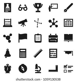 Flat vector icon set - book vector, graduate hat, pen, blackboard, corner ruler, glasses, backpack, telescope, microscope, bell, calculator, alarm clock, schedule, clipboard, compass, award cup