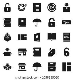 Flat vector icon set - book vector, copybook, archive, office, umbrella, package, unlock, mailbox, open, 24 hour, catalog, window