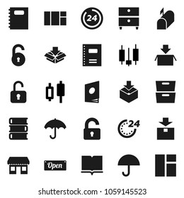 Flat vector icon set - book vector, copybook, archive, japanese candle, office, umbrella, package, unlock, mailbox, open, 24 hour, catalog, window