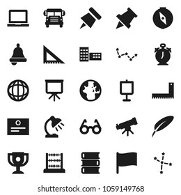 Flat vector icon set - book vector, pen, school building, corner ruler, glasses, telescope, bell, table lamp, notebook pc, alarm clock, paper pin, compass, award cup, certificate, bus, abacus, world