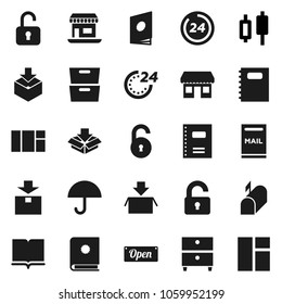 Flat vector icon set - book vector, copybook, archive, japanese candle, office, umbrella, package, unlock, mailbox, open, 24 hour, catalog, window