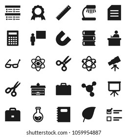 Flat vector icon set - book vector, copybook, university, blackboard, ruler, glasses, student, case, atom, telescope, table lamp, calculator, medal, magnet, scissors, presentation, document, flask