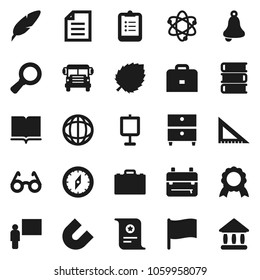 Flat vector icon set - book vector, pen, blackboard, corner ruler, glasses, case, backpack, atom, bell, clipboard, compass, medal, certificate, magnet, school bus, presentation, world, document