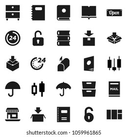 Flat vector icon set - book vector, copybook, archive, japanese candle, office, umbrella, package, unlock, mailbox, open, 24 hour, catalog, window