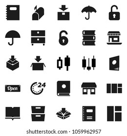 Flat vector icon set - book vector, copybook, archive, japanese candle, office, umbrella, package, unlock, mailbox, open, 24 hour, catalog, window