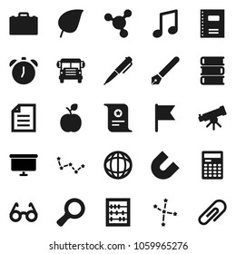 Flat vector icon set - book vector, copybook, pen, glasses, case, apple fruit, telescope, calculator, alarm clock, certificate, magnet, school bus, abacus, music, world, document, molecule, flag