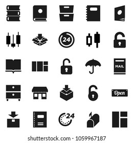 Flat vector icon set - book vector, copybook, archive, japanese candle, office, umbrella, package, unlock, mailbox, open, 24 hour, catalog, window