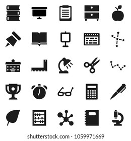 Flat vector icon set - book vector, copybook, university, corner ruler, glasses, apple fruit, pen, table lamp, calculator, alarm clock, schedule, clipboard, paper pin, award cup, scissors, abacus