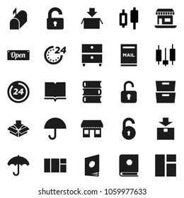 Flat vector icon set - book vector, archive, japanese candle, office, umbrella, package, unlock, mailbox, open, 24 hour, catalog, window