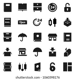 Flat vector icon set - book vector, copybook, archive, japanese candle, office, umbrella, package, unlock, mailbox, open, 24 hour, catalog, window