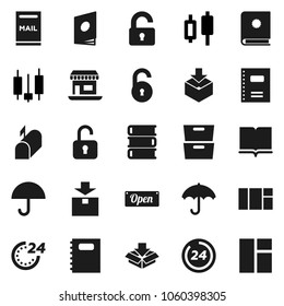 Flat vector icon set - book vector, copybook, archive, japanese candle, office, umbrella, package, unlock, mailbox, open, 24 hour, catalog, window