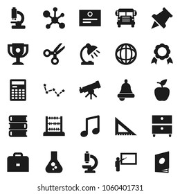 Flat vector icon set - book vector, blackboard, corner ruler, case, apple fruit, telescope, bell, table lamp, calculator, paper pin, award cup, medal, certificate, scissors, school bus, abacus