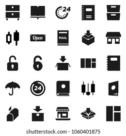 Flat vector icon set - book vector, copybook, archive, japanese candle, office, umbrella, package, unlock, mailbox, open, 24 hour, catalog, window