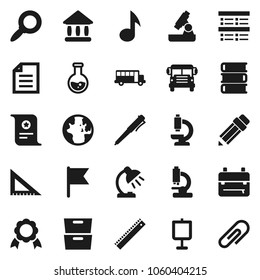 Flat vector icon set - book vector, pencil, corner ruler, backpack, pen, microscope, table lamp, medal, certificate, school bus, presentation, music, world, document, archive, flag, magnifier, flask