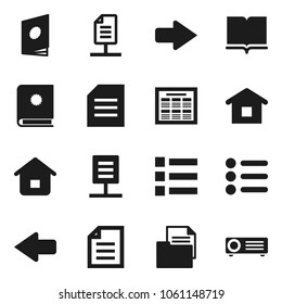 Flat vector icon set - book vector, schedule, document, arrow, network, home, catalog, menu, projector