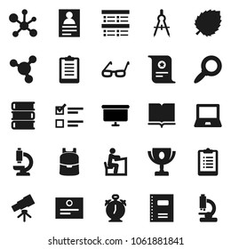 Flat vector icon set - book vector, copybook, drawing compass, glasses, student, backpack, telescope, notebook pc, alarm clock, award cup, certificate, personal information, molecule, magnifier