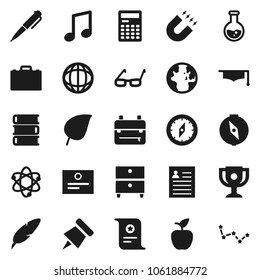 Flat vector icon set - book vector, graduate hat, pen, glasses, case, backpack, apple fruit, atom, calculator, paper pin, compass, award cup, certificate, magnet, music, world, archive, flask, leaf