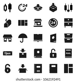 Flat vector icon set - book vector, copybook, archive, japanese candle, office, umbrella, package, unlock, mailbox, open, 24 hour, catalog, window