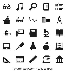 Flat vector icon set - book vector, copybook, school building, blackboard, corner ruler, drawing compass, glasses, student, apple fruit, pen, microscope, bell, table lamp, notebook pc, schedule