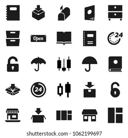 Flat vector icon set - book vector, copybook, archive, japanese candle, office, umbrella, package, unlock, mailbox, open, 24 hour, catalog, window