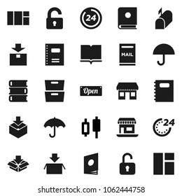 Flat vector icon set - book vector, copybook, archive, japanese candle, office, umbrella, package, mailbox, unlock, open, 24 hour, catalog, window