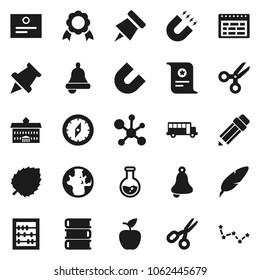 Flat vector icon set - book vector, pen, university, pencil, apple fruit, bell, schedule, paper pin, compass, medal, certificate, magnet, scissors, school bus, abacus, world, molecule, flask, leaf