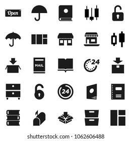 Flat vector icon set - book vector, copybook, archive, japanese candle, office, umbrella, package, unlock, mailbox, open, 24 hour, catalog, window