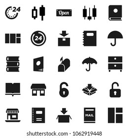 Flat vector icon set - book vector, copybook, archive, japanese candle, office, umbrella, package, unlock, mailbox, open, 24 hour, catalog, window