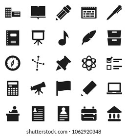 Flat vector icon set - book vector, copybook, pen, pencil, school building, student, backpack, atom, telescope, calculator, notebook pc, schedule, paper pin, compass, presentation, music, archive