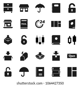 Flat vector icon set - book vector, copybook, archive, Japanese candle, office, umbrella, package, unlock, mailbox, open, 24 hour, catalog, window