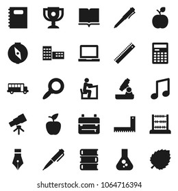 Flat vector icon set - book vector, copybook, pen, school building, corner ruler, student, backpack, apple fruit, telescope, microscope, calculator, notebook pc, compass, award cup, bus, abacus