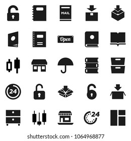 Flat vector icon set - book vector, copybook, archive, japanese candle, office, umbrella, package, unlock, mailbox, open, 24 hour, catalog, window