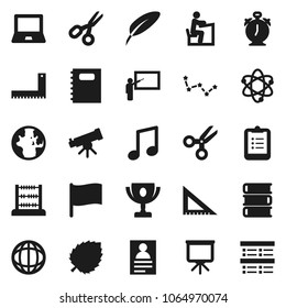 Flat vector icon set - book vector, copybook, pen, blackboard, corner ruler, student, atom, telescope, notebook pc, alarm clock, clipboard, award cup, scissors, abacus, presentation, music, world