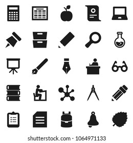 Flat vector icon set - book vector, pen, pencil, drawing compass, glasses, student, backpack, apple fruit, bell, calculator, notebook pc, schedule, clipboard, paper pin, certificate, presentation