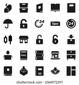 Flat vector icon set - book vector, copybook, archive, japanese candle, office, umbrella, package, unlock, mailbox, open, 24 hour, catalog, window