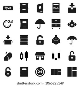 Flat vector icon set - book vector, copybook, archive, japanese candle, office, umbrella, package, unlock, mailbox, open, 24 hour, catalog, window