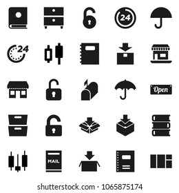 Flat vector icon set - book vector, copybook, archive, japanese candle, office, umbrella, package, unlock, mailbox, open, 24 hour, catalog, window