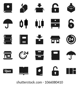 Flat vector icon set - book vector, copybook, archive, japanese candle, office, umbrella, package, unlock, mailbox, open, 24 hour, catalog, window