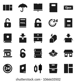Flat vector icon set - book vector, copybook, archive, japanese candle, office, umbrella, package, unlock, mailbox, open, 24 hour, catalog, window