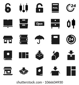 Flat vector icon set - book vector, copybook, archive, japanese candle, office, umbrella, package, unlock, mailbox, open, 24 hour, catalog, window