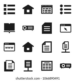 Flat vector icon set - book vector, schedule, document, browser, network, home, menu, projector