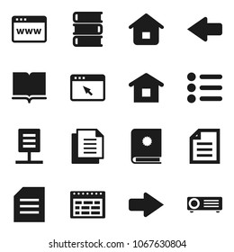 Flat vector icon set - book vector, schedule, document, browser, arrow, network, home, catalog, menu, projector
