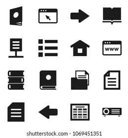 Flat vector icon set - book vector, schedule, document, browser, arrow, network, home, catalog, menu, projector