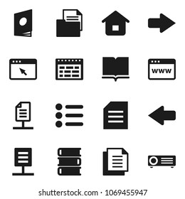 Flat vector icon set - book vector, schedule, document, browser, arrow, network, home, catalog, menu, projector