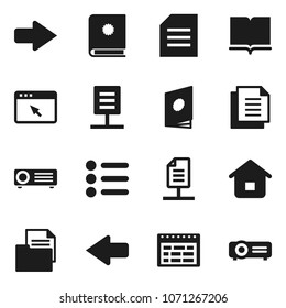Flat vector icon set - book vector, schedule, document, browser, arrow, network, home, catalog, menu, projector