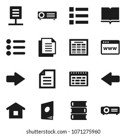 Flat vector icon set - book vector, schedule, document, browser, arrow, network, home, catalog, menu, projector